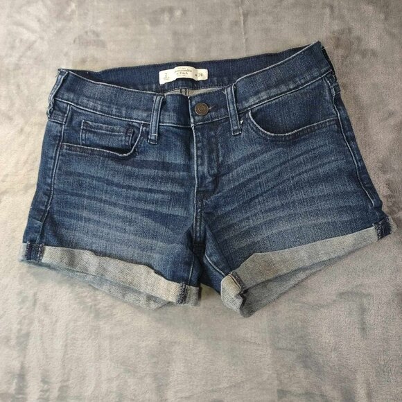 Abercrombie & fitch blue jean shorts dark wash cuffed hem 2 W26 casual preppy - Picture 1 of 9